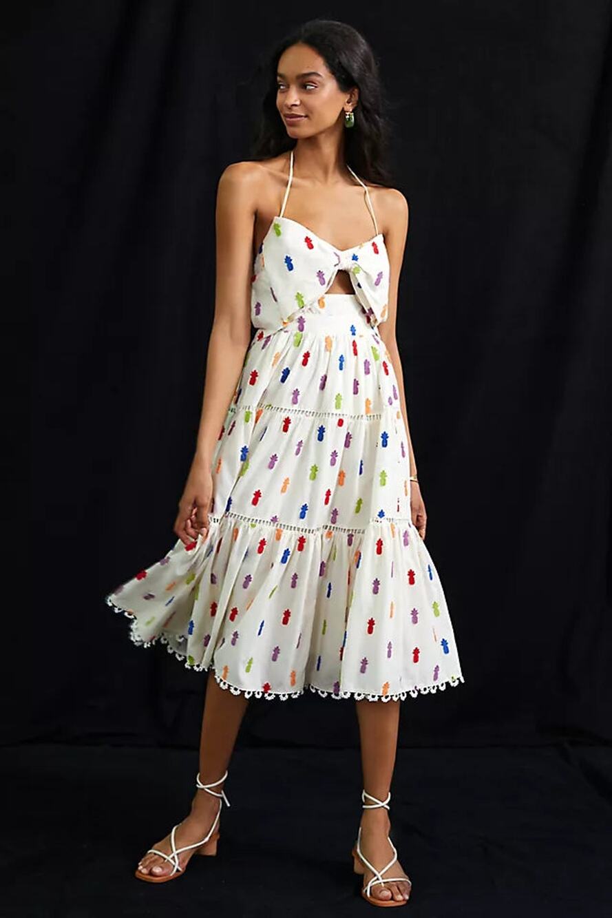 Farm Rio Pineapple Cutout Halter Neck Tiered Midi Sundress White Multi Small